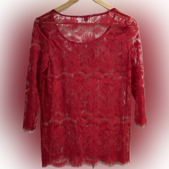 Red Lace Top Fossil Eyelash Lace Sheer 3/4 Sleeved Size XSmall - Picture 6 of 6